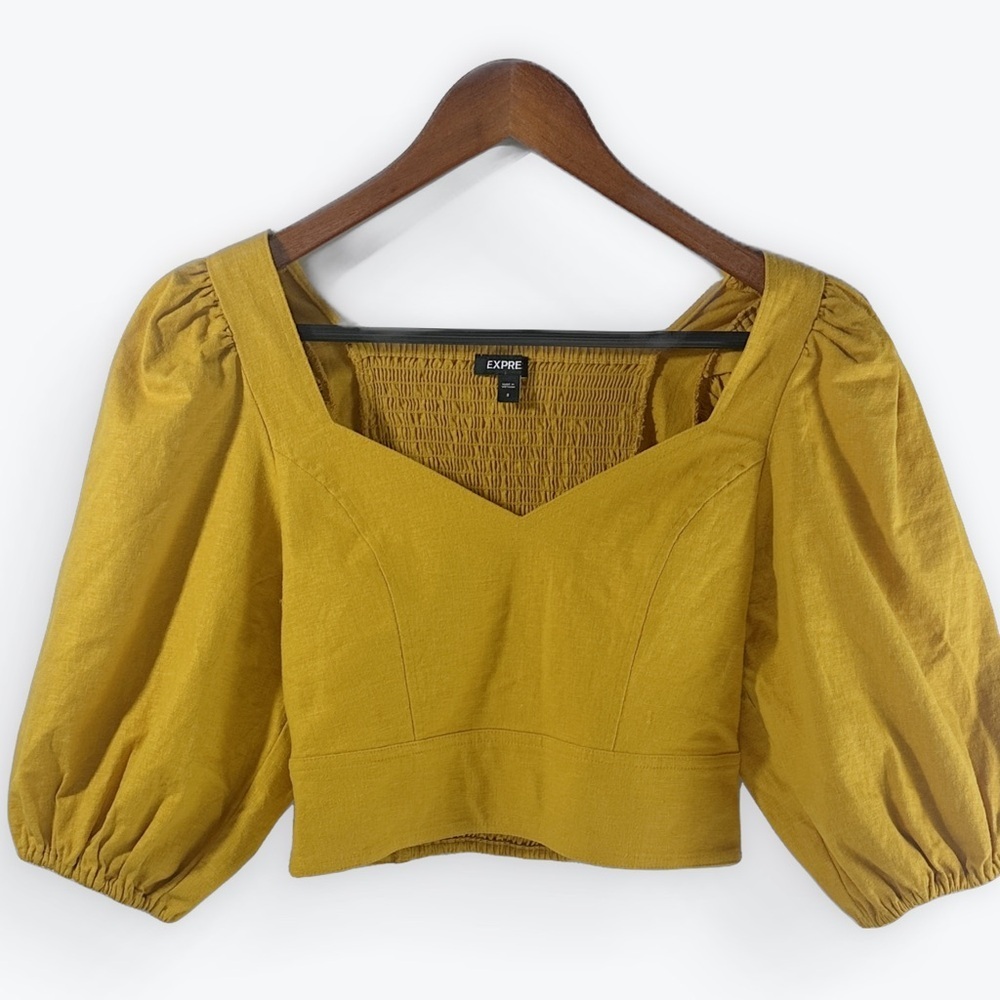 Express Mustard Yellow Puff Sleeve Cropped Blouse size small Linen Blend